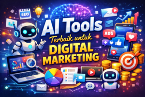 AI Tools terbaik untuk digital marketing dengan ilustrasi robot AI, grafik SEO, iklan online, dan strategi pemasaran digital