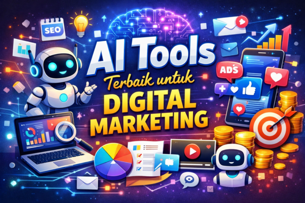 AI Tools terbaik untuk digital marketing dengan ilustrasi robot AI, grafik SEO, iklan online, dan strategi pemasaran digital