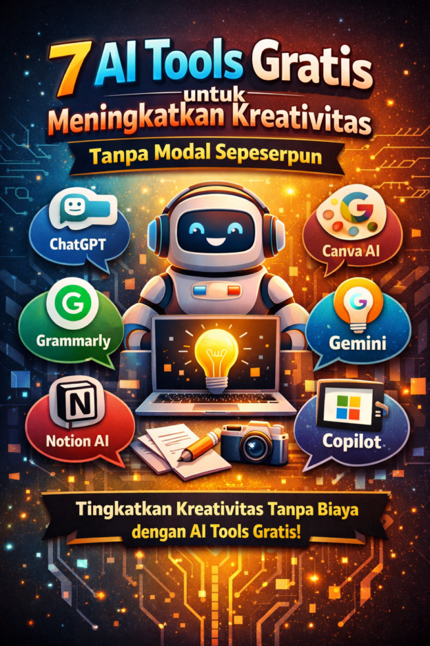 Ilustrasi 7 AI tools gratis untuk meningkatkan kreativitas seperti ChatGPT, Canva AI, Gemini, Copilot, Notion AI, dan Grammarly