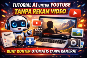 Tutorial AI untuk YouTube Tanpa Rekam Ilustrasi AI untuk membuat konten YouTube tanpa rekam video dengan robot dan laptop