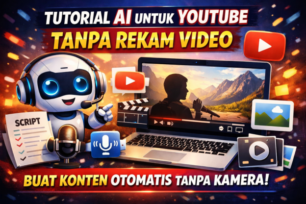 Ilustrasi AI untuk membuat konten YouTube tanpa rekam video dengan robot dan laptop