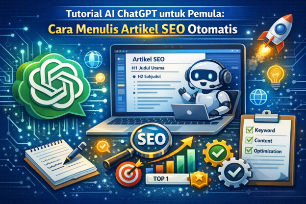 Ilustrasi tutorial AI ChatGPT untuk pemula menampilkan laptop dengan artikel SEO, robot AI, ikon keyword, checklist optimasi, dan grafik peringkat Google