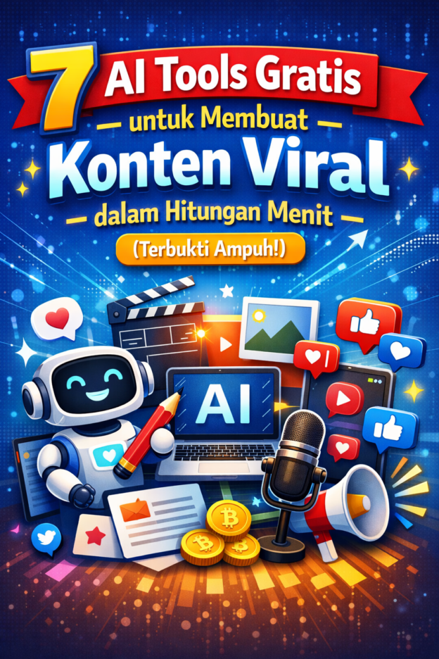 7 AI tools gratis untuk membuat konten viral dalam hitungan menit dengan ilustrasi robot AI dan media sosial