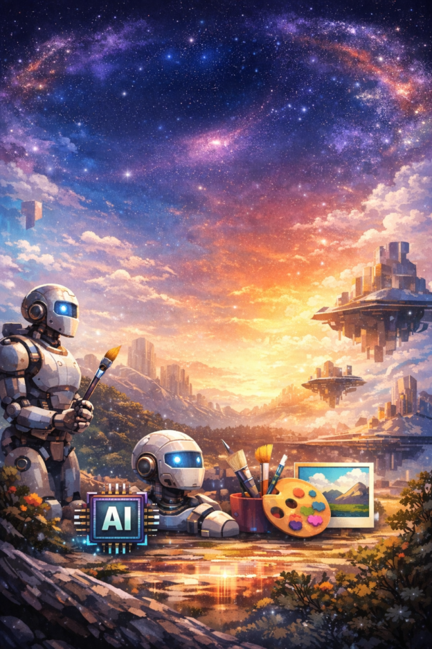 Ilustrasi futuristik robot AI yang sedang membuat karya seni dengan kuas dan palet warna di dunia sci-fi dengan langit galaksi dan kota masa depan, menggambarkan teknologi AI pembuat gambar tahun 2026