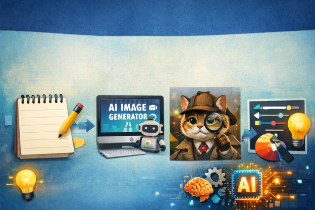 Ilustrasi proses membuat gambar dengan AI dari teks yang menampilkan langkah menulis deskripsi, menggunakan AI image generator, menghasilkan gambar kucing detektif, dan proses editing gambar