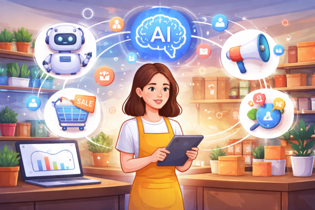 Ilustrasi teknologi AI membantu UMKM berkembang melalui pemasaran digital dan analisis data bisnis