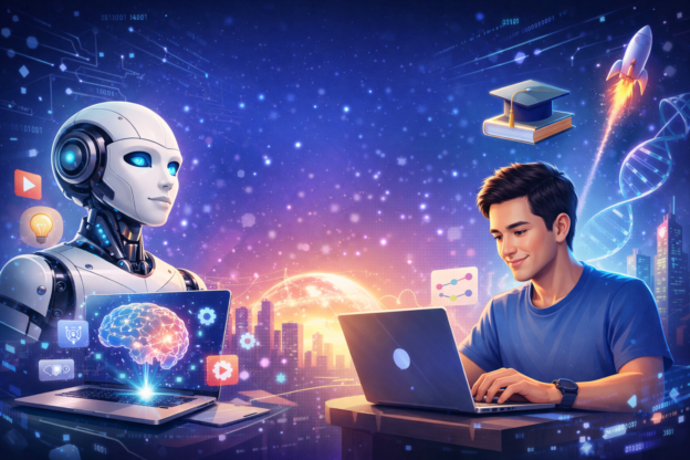 Ilustrasi tutorial AI untuk pemula dengan robot dan manusia menggunakan laptop di lingkungan teknologi futuristik