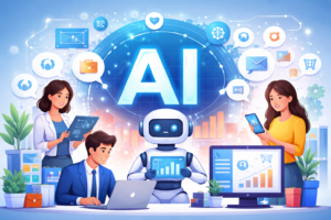 Ilustrasi Teknologi AI untuk Meningkatkan Bisnis Online di Era Digital Ilustrasi teknologi AI yang membantu meningkatkan bisnis online melalui analisis data, otomatisasi pemasaran, dan strategi digital marketing