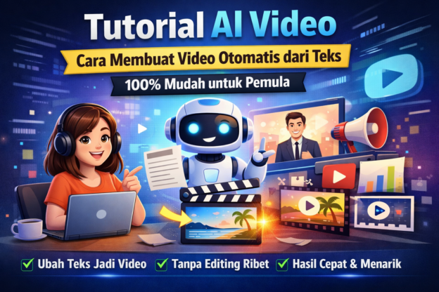 Tutorial AI video cara membuat video otomatis dari teks untuk pemula dengan ilustrasi robot dan konten digital