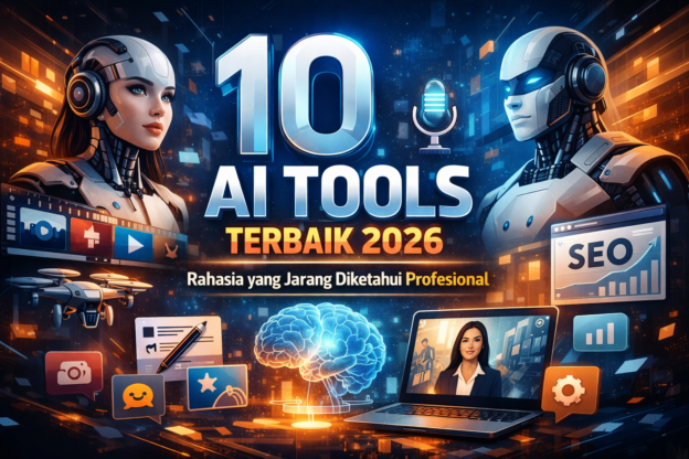 10 AI tools terbaik 2026 untuk bisnis dan konten digital dengan ilustrasi teknologi futuristik dan robot AI