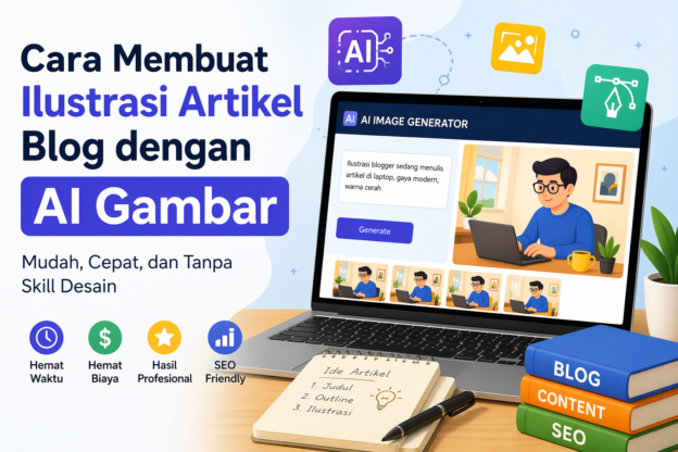 Ilustrasi cara membuat gambar artikel blog dengan AI menggunakan laptop, mudah dan tanpa skill desain