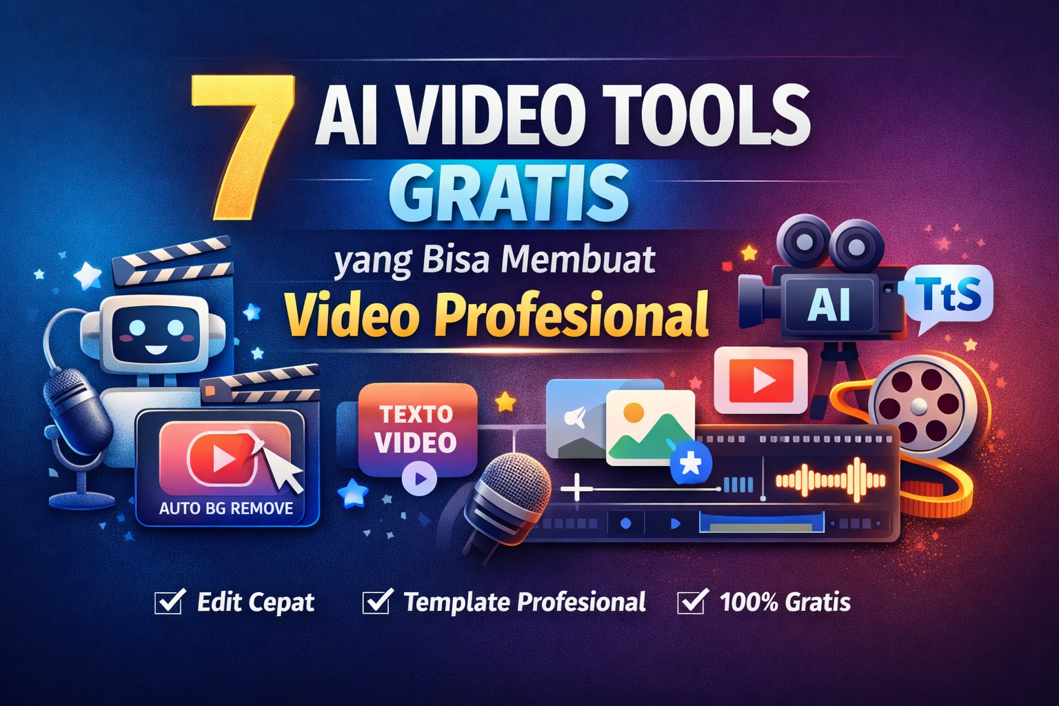 Ilustrasi 7 AI video tools gratis untuk membuat video profesional dengan fitur text to video, auto subtitle, dan template premium