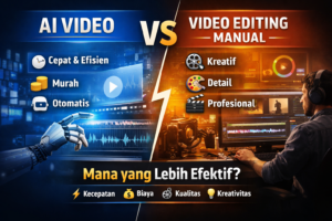 AI Video vs Video Editing Manual: Mana yang Lebih Efektif? Infografis perbandingan AI Video vs video editing manual berdasarkan kecepatan, biaya, kualitas, dan kreativitas