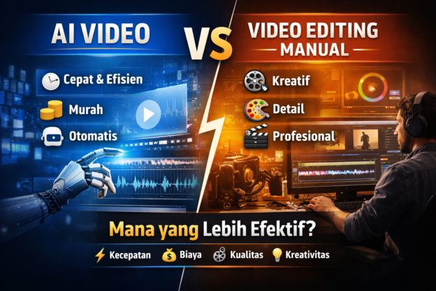 Infografis perbandingan AI Video vs video editing manual berdasarkan kecepatan, biaya, kualitas, dan kreativitas