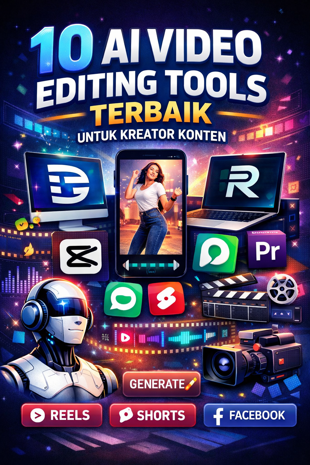 10 AI video editing tools terbaik untuk kreator konten seperti CapCut, Runway, Descript, dan Premiere Pro untuk Reels, Shorts, dan Facebook