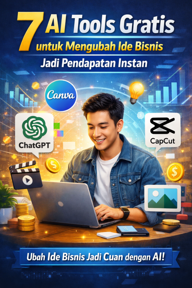 Ilustrasi AI tools gratis seperti ChatGPT, Canva, dan CapCut untuk mengubah ide bisnis menjadi pendapatan instan
