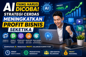 AI untuk Bisnis: Strategi Meningkatkan Profit Secara Cepat Ilustrasi pebisnis menggunakan teknologi AI untuk meningkatkan profit bisnis dengan grafik naik