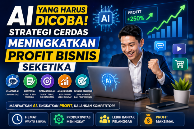 Ilustrasi pebisnis menggunakan teknologi AI untuk meningkatkan profit bisnis dengan grafik naik