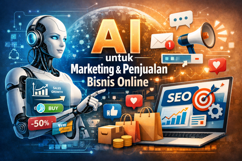 Ilustrasi AI untuk marketing dan penjualan bisnis online dengan grafik penjualan, SEO, chatbot, dan strategi digital