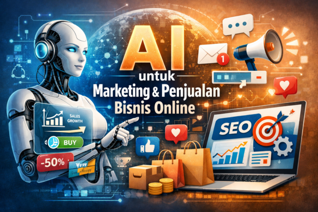 Ilustrasi AI untuk marketing dan penjualan bisnis online dengan grafik penjualan, SEO, chatbot, dan strategi digital