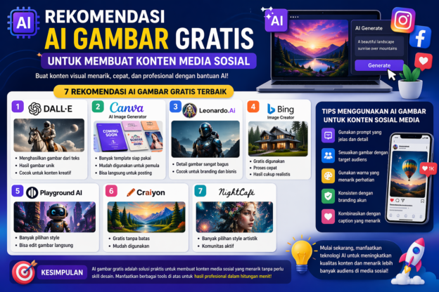 Infografis rekomendasi AI gambar gratis untuk membuat konten media sosial dengan tools seperti DALL·E, Canva, dan Leonardo AI