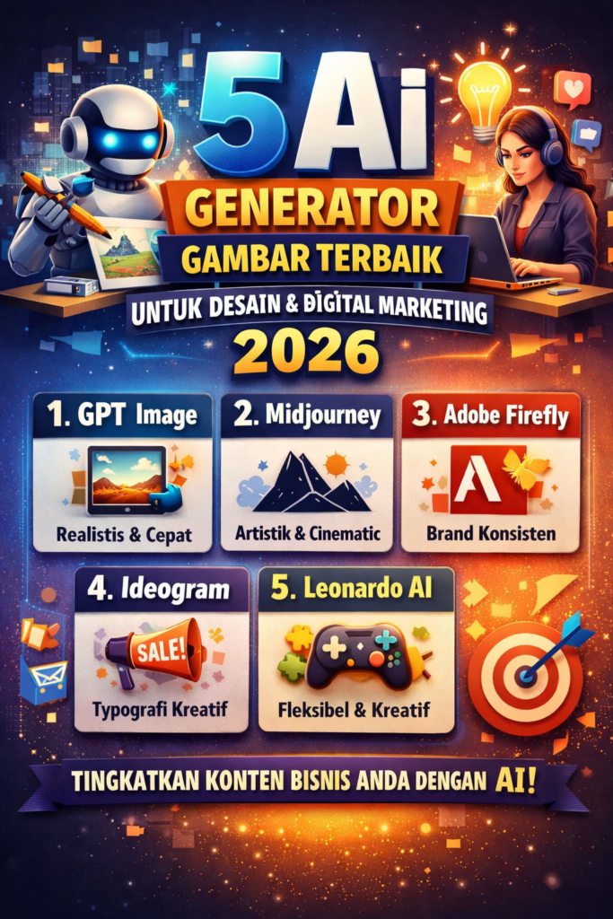 5 AI generator gambar terbaik untuk desain dan digital marketing 2026 dengan GPT Image, Midjourney, Adobe Firefly, Ideogram, dan Leonardo AI