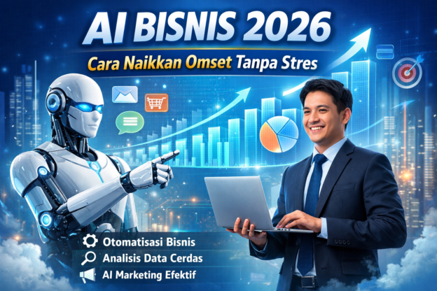 Ilustrasi AI bisnis 2026 dengan robot dan pebisnis menganalisis grafik pertumbuhan omset digital