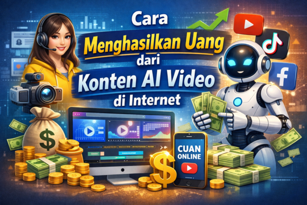Ilustrasi cara menghasilkan uang dari konten AI video di internet melalui YouTube, TikTok, Facebook Pro, dan monetisasi online