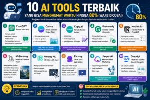 10 AI Tools Terbaik yang Bisa Menghemat Waktu Hingga 80% Infografis 10 AI tools terbaik untuk menghemat waktu hingga 80 persen seperti ChatGPT, Canva, dan Copy.ai