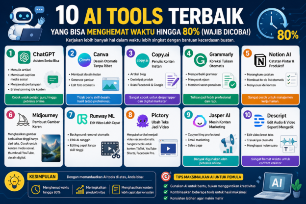 Infografis 10 AI tools terbaik untuk menghemat waktu hingga 80 persen seperti ChatGPT, Canva, dan Copy.ai