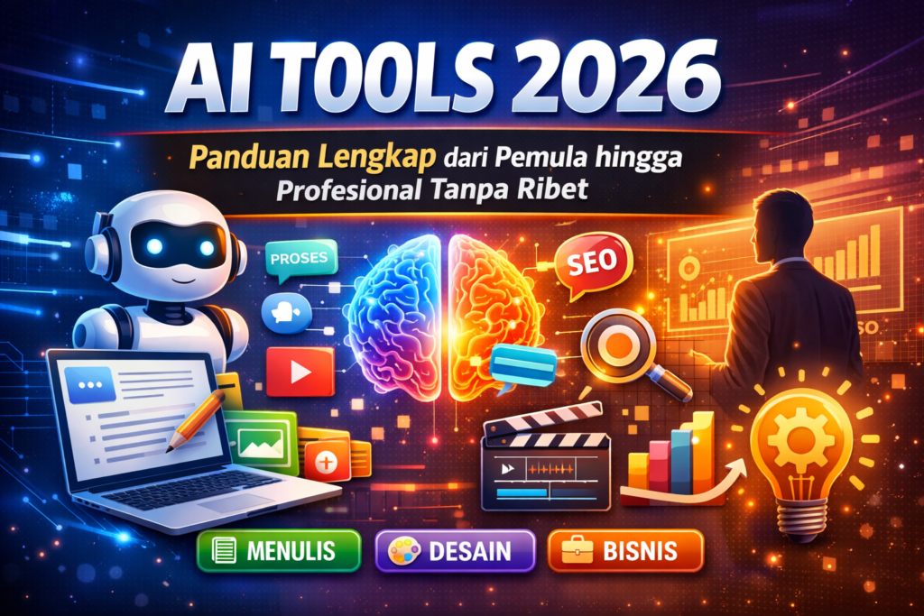 Ilustrasi AI Tools 2026 untuk panduan lengkap pemula hingga profesional mencakup menulis, desain, SEO, video, dan bisnis digital