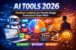 Ilustrasi AI Tools 2026 untuk panduan lengkap pemula hingga profesional mencakup menulis, desain, SEO, video, dan bisnis digital