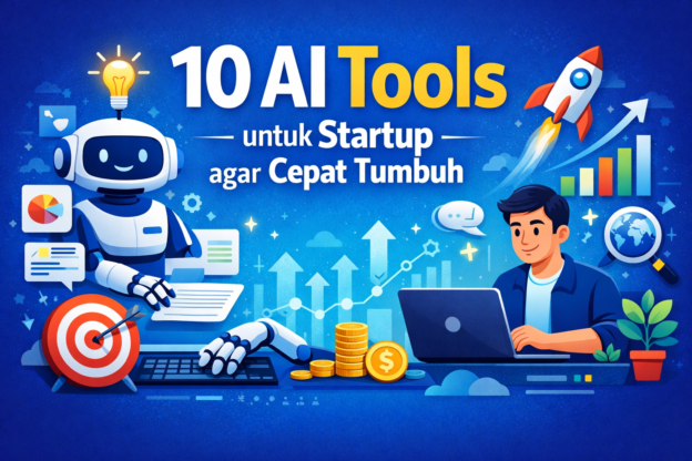Ilustrasi 10 AI tools untuk startup yang membantu bisnis tumbuh cepat dengan automasi, analitik, dan produktivitas.