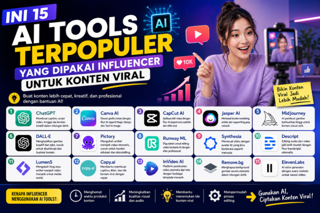 Infografis 15 AI tools terpopuler untuk membuat konten viral seperti ChatGPT, Canva AI, dan CapCut