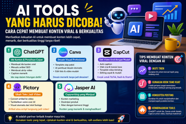 Ilustrasi AI tools seperti ChatGPT, Canva, dan CapCut untuk membuat konten viral dan berkualitas dengan cepat