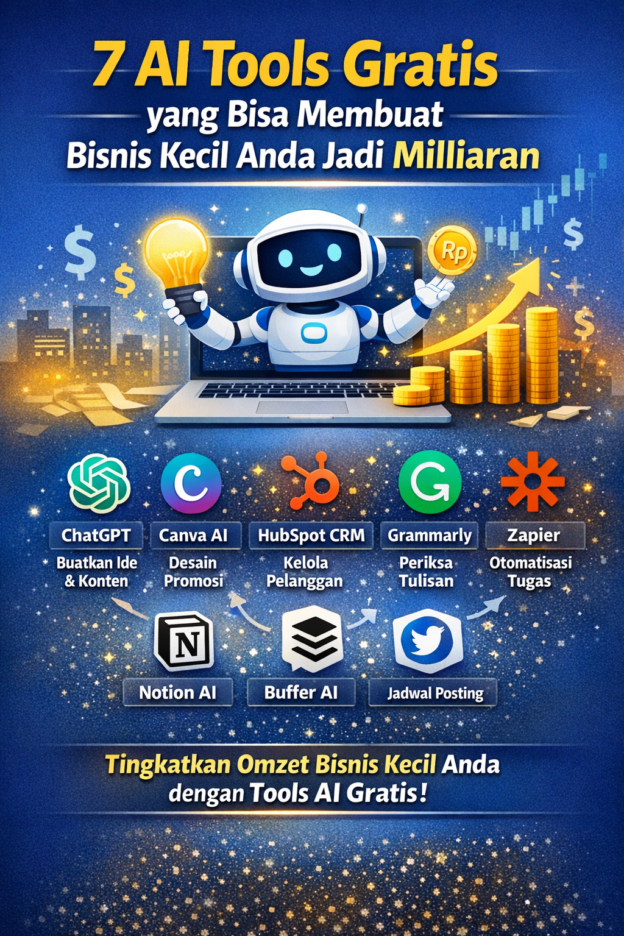 7 AI tools gratis untuk bisnis kecil membantu meningkatkan omzet dengan otomatisasi, desain promosi, dan manajemen pelanggan