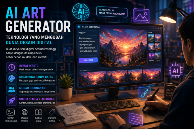 AI Art Generator menampilkan proses pembuatan desain digital futuristik di layar komputer
