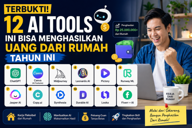 Ilustrasi 12 AI tools penghasil uang dari rumah dengan laptop, ikon aplikasi AI, dan konsep kerja online