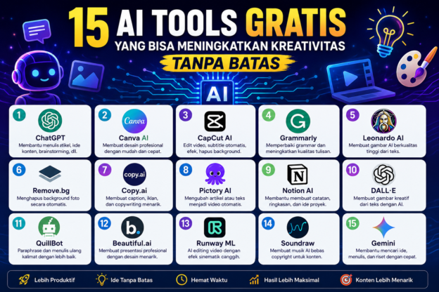 Infografis 15 AI tools gratis untuk meningkatkan kreativitas tanpa batas dengan desain futuristik dan modern.