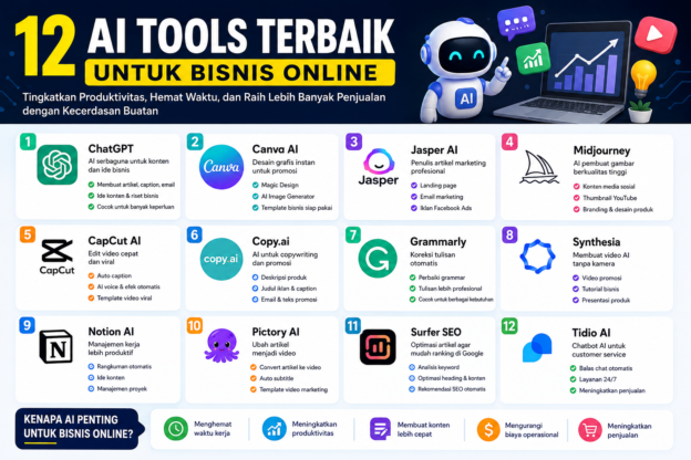Infografis 12 AI tools terbaik untuk bisnis online seperti ChatGPT, Canva AI, Jasper AI, dan CapCut AI untuk meningkatkan produktivitas bisnis digital.