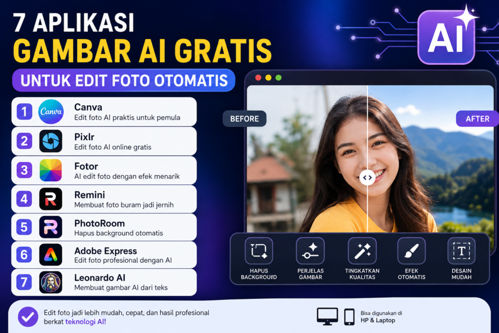 Ilustrasi 7 aplikasi gambar AI gratis untuk edit foto otomatis seperti Canva, Pixlr, Fotor, Remini, PhotoRoom, Adobe Express, dan Leonardo AI.