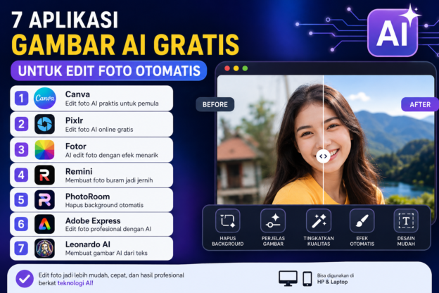 Ilustrasi 7 aplikasi gambar AI gratis untuk edit foto otomatis seperti Canva, Pixlr, Fotor, Remini, PhotoRoom, Adobe Express, dan Leonardo AI.