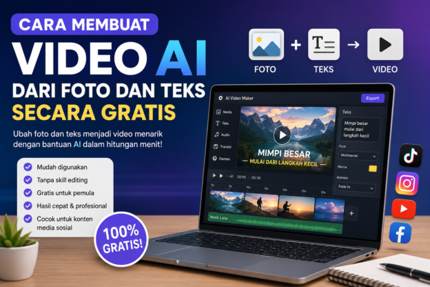 Ilustrasi cara membuat video AI dari foto dan teks secara gratis menggunakan laptop dan tools AI untuk konten media sosial.