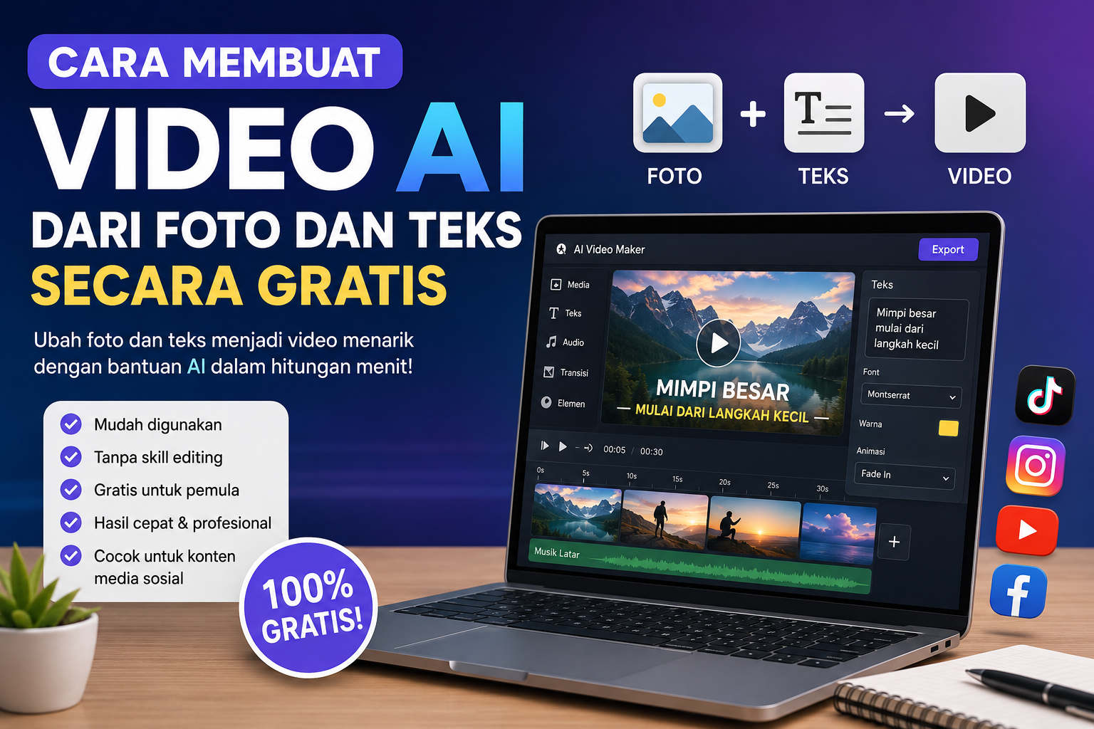 Ilustrasi cara membuat video AI dari foto dan teks secara gratis menggunakan laptop dan tools AI untuk konten media sosial.