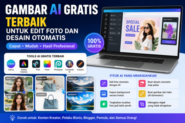 Ilustrasi gambar AI gratis terbaik untuk edit foto dan desain otomatis menggunakan tools AI seperti Canva, Pixlr, dan Adobe Express.