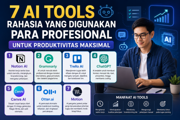 Infografis 7 AI tools rahasia untuk meningkatkan produktivitas kerja para profesional seperti ChatGPT, Notion AI, Canva AI, dan Grammarly.