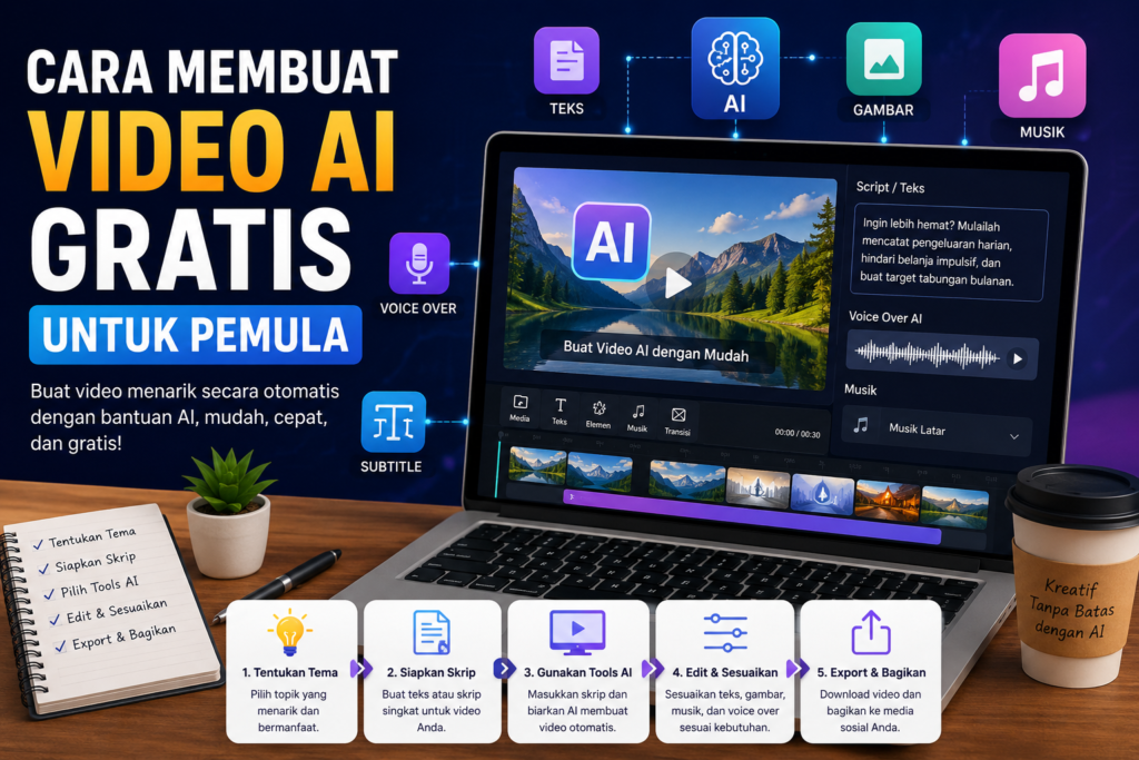 Ilustrasi laptop dengan tampilan editor video AI gratis untuk pemula, menampilkan proses pembuatan video otomatis dari teks, gambar, musik, dan subtitle.
