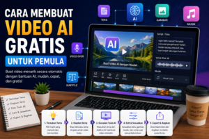 Cara Membuat Video AI Gratis untuk Pemula Ilustrasi laptop dengan tampilan editor video AI gratis untuk pemula, menampilkan proses pembuatan video otomatis dari teks, gambar, musik, dan subtitle.