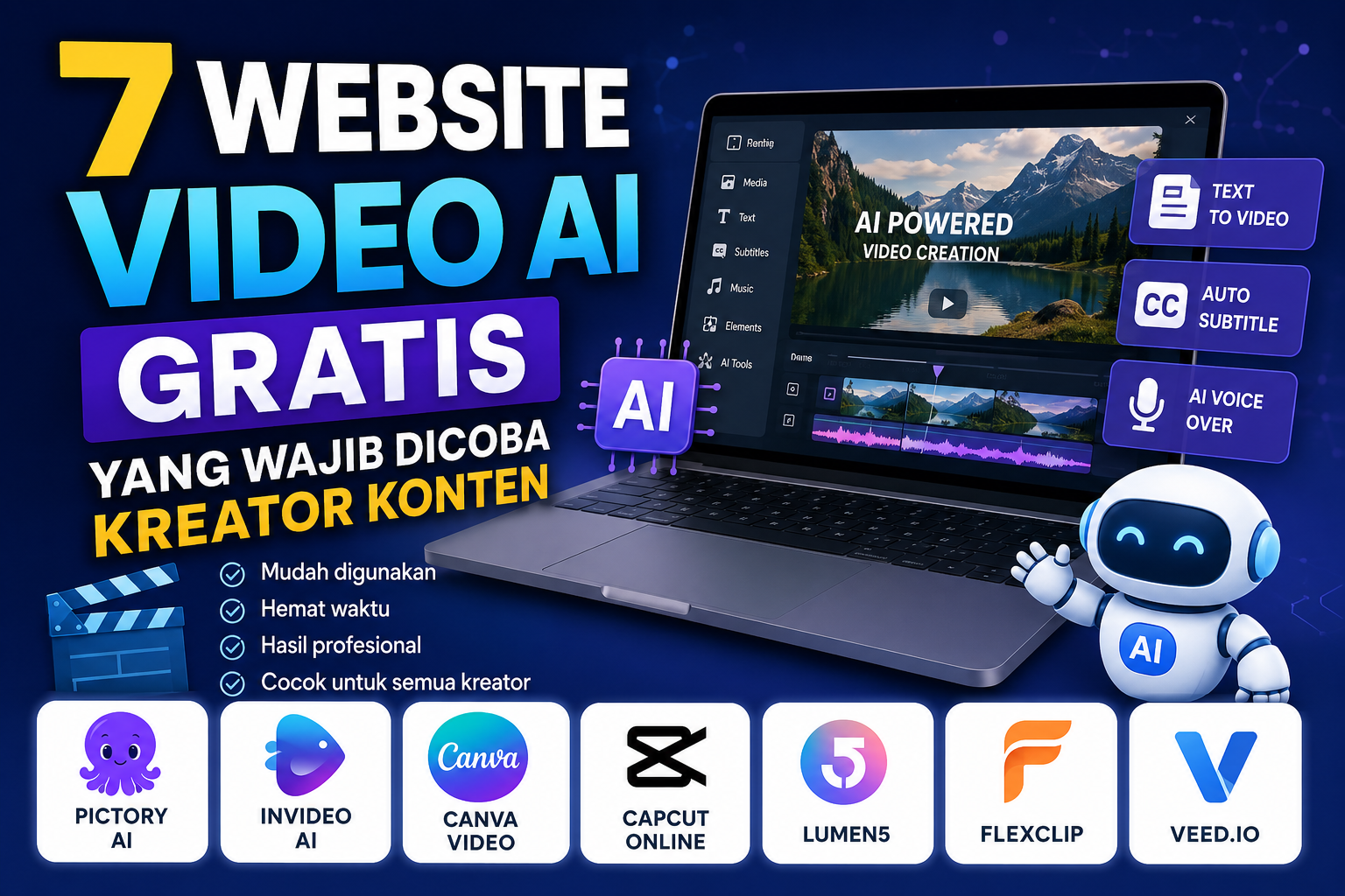 Ilustrasi 7 website video AI gratis terbaik untuk kreator konten dengan tampilan laptop editing video AI dan logo platform video AI populer.