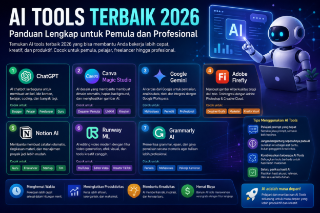 Infografis AI Tools Terbaik 2026 untuk pemula dan profesional dengan daftar aplikasi AI populer seperti ChatGPT, Canva, Gemini, dan Firefly.